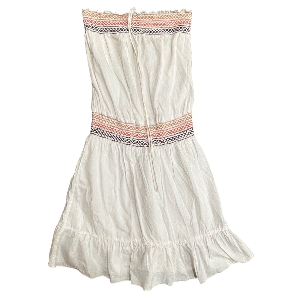 Passion White Cotton Strapless Mini Dress Embroidered Smocked Ruffle M